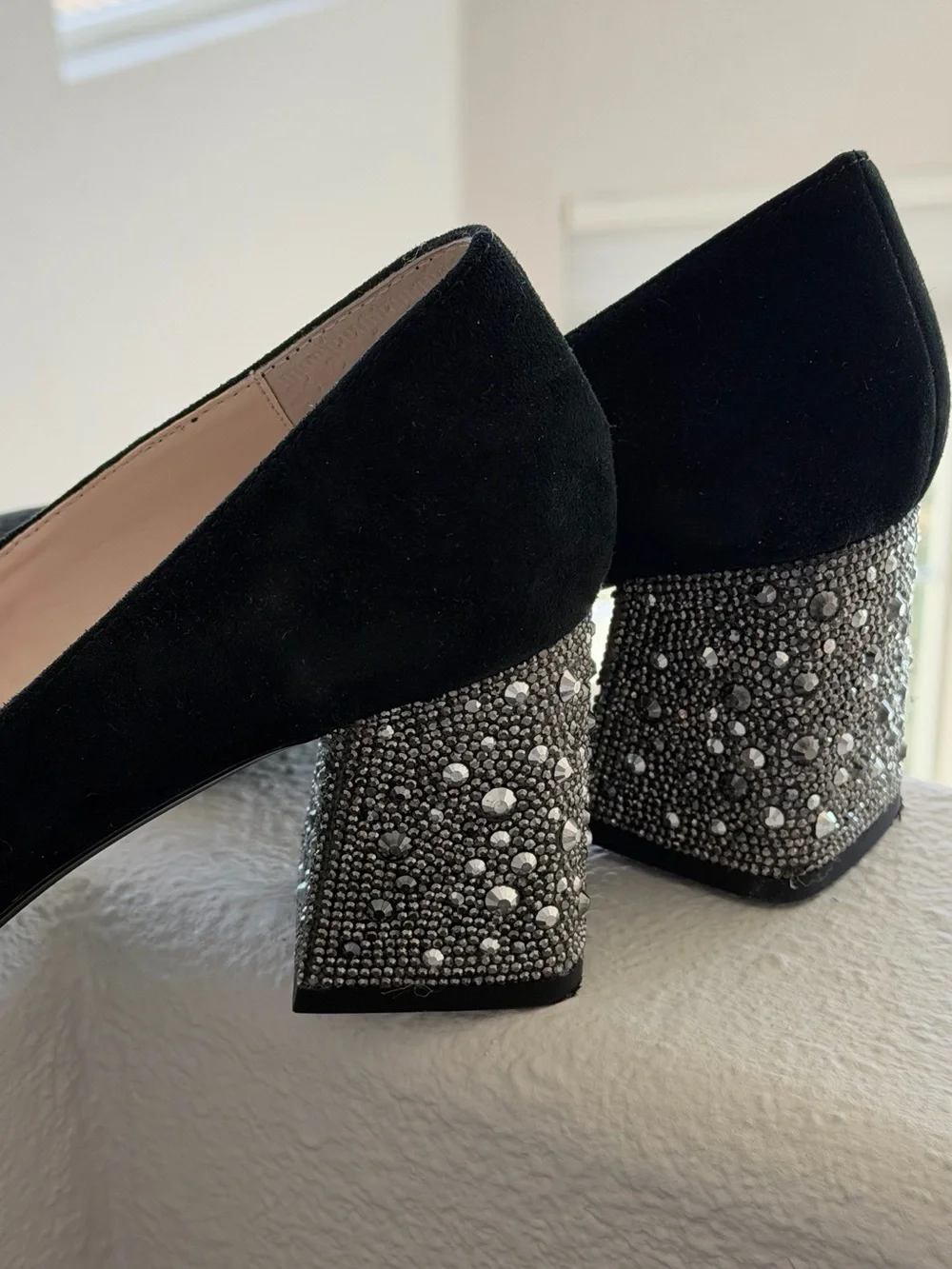 PAIGE Black Suede Pointed Toe Pumps with Jeweled Block Heel